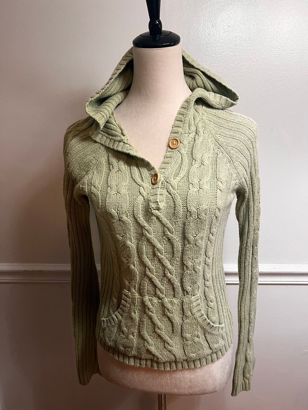 Aeropostale Y2k Sage Green Cable Knit Hooded Sweater Size Medium